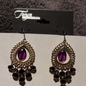 Gold and Purple Teardrop Earrings with Fringe